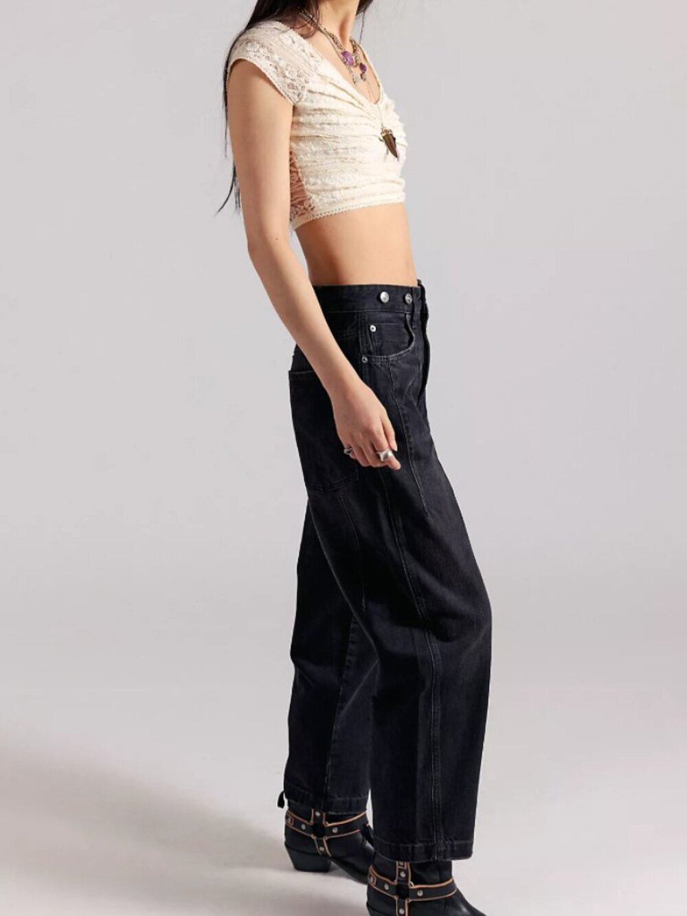 NWT Free People Berkley Suspender Jeans in Black - Picture 4 of 7